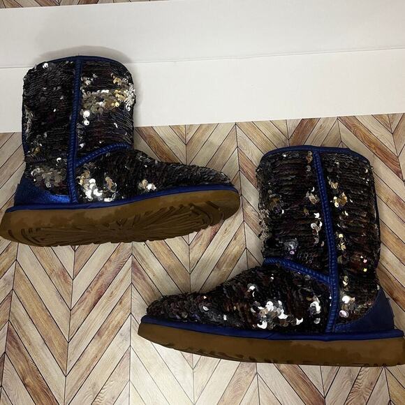 UGG Classic Short Sequin Winter Boots with Plush Wool Lining Blue Women's Size 7 - Picture 5 of 13